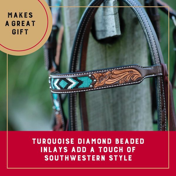 Weaver Leather Turquoise Diamond Beaded Horse Headstall, Leather Headstalls for Horses for Trail Riding, Durable Equine Supplies, Dark Oil - Image 4