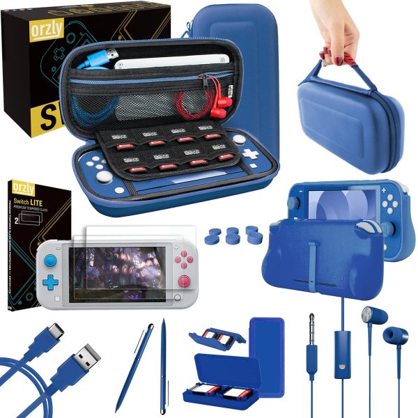 Orzly Switch Lite Accessories Bundle - Case & Screen Protector for Nintendo Switch Lite Console, USB Cable, Games Holder, Comfort Grip Case, Headphones, Thumb-Grip Pack & More (New Blue)