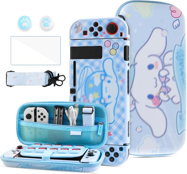 HYPERCASE Cute Switch Carrying Case Set, Blue Dog Travel Accessories Storage for Nintendo Switch Console, with PC Protective Cover, HD Screen Protector, Shoulder Strap & 2 Kawaii Thumb Caps