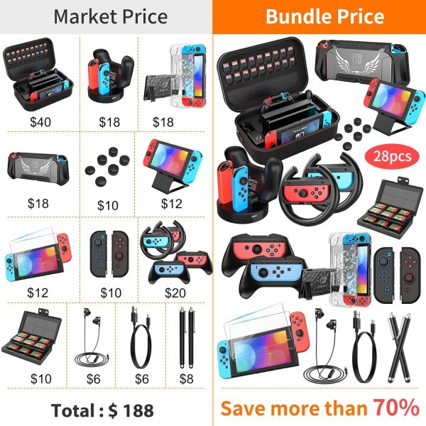 Switch Accessories Bundle 28 in 1 for Nintendo Switch, HEYSTOP Switch Christmas Gift Kit with Large Carrying Case, Dockable Protective Case, Screen Protector, Game Cards Case, Joycon Grip Cover - Image 2