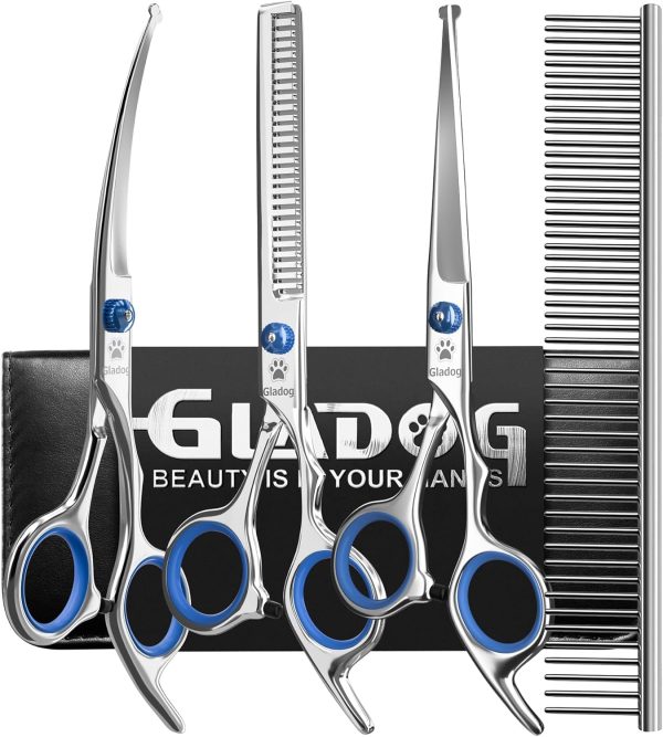 GLADOG Professional 5 in 1 Dog Grooming Scissors Set with Safety Round Tips, Sharp and Heavy-duty Pet Grooming Shears for Cats