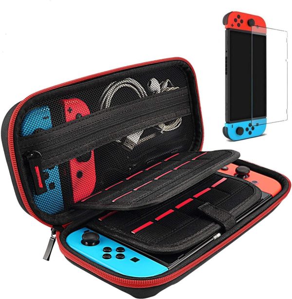 Daydayup Switch Case and Tempered Glass Screen Protector Compatible with Nintendo Switch - Deluxe Hard Shell Travel Carrying Case, Pouch Case for Nintendo Switch Console & Accessories, Streak Red