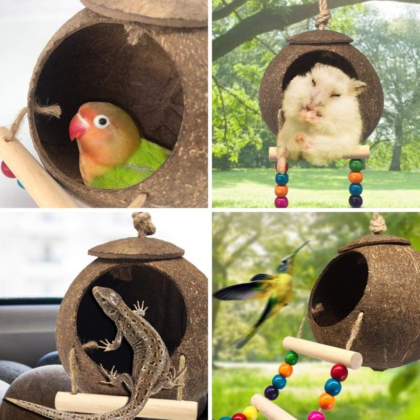 Hanging Coconut Bird House with Ladder,Natural Coconut Fiber Shell Bird Nest for Parrot Parakeet Lovebird Finch Canary,Coconut Hide Bird Swing Toys for Hamster,Bird Cage Accessories,Pet Bird Supplies - Image 4