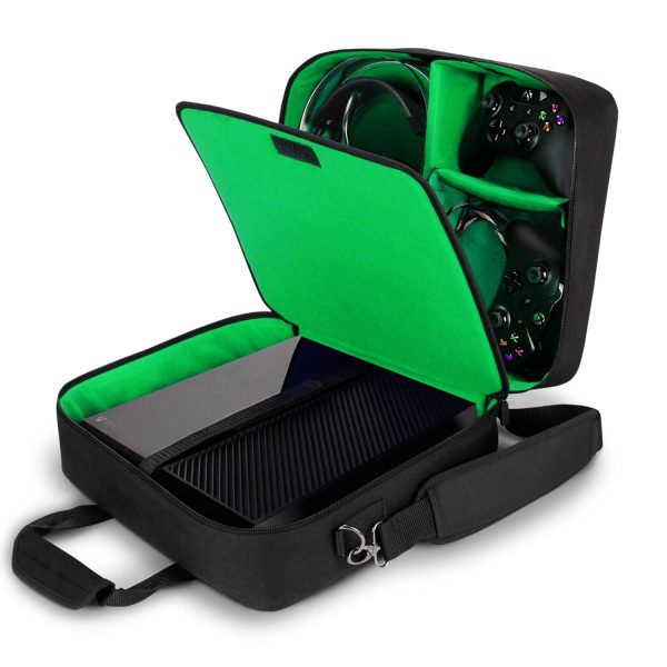 USA GEAR Console Carrying Case - Xbox Travel Bag Compatible with Xbox One and Xbox Series S with Water Resistant Exterior and Accessory Storage for Xbox Controllers, Cables, Gaming Headsets - Green