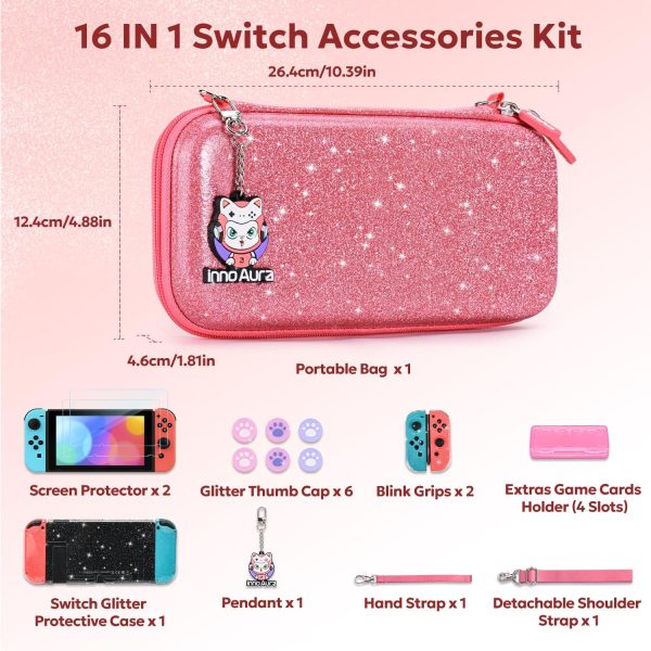 innoAura Switch Case for NS Switch, 17 in 1 Switch Accessories Bundles with Switch Carrying Case, Switch Protective Case, Switch Game Case, Switch Screen Protector, Switch Thumb Caps (Sequins Pink) - Image 2