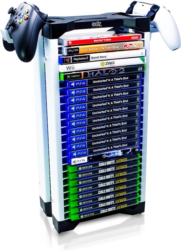 ADZ Universal Game Holder – 23 Game Storage Tower Rack for PS2 PS3 PS4 PS5 PSP Xbox 360 Xbox One Series X Wii Switch Games DVD and Blu-Ray Disks. Includes 2 Controller Mounts