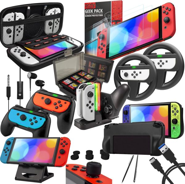 Orzly Accessory Bundle Kit designed for Nintendo switch Accessories Geeks and Oled console users Case and Screen protector, Joycon grips and Wheels for enhanced games play and more - Jet black