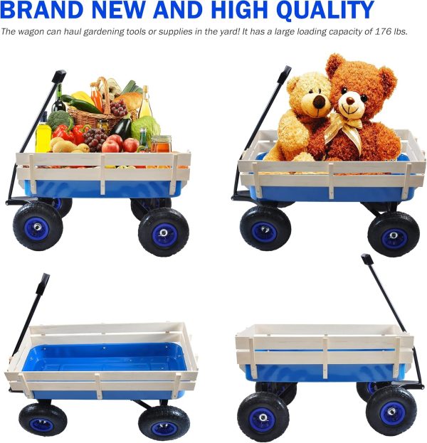 Heavy Duty Steel Wooden Side Support Cargo Wagon with 10” All-Terrain Air Tires, Up to 176lb Haul Capacity, Effortless Foldable Handle Cart for Towing Kids Toys, Gardening Supplies (Blue) - Image 6