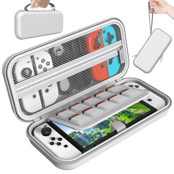 HSTOP Switch Carrying Case Compatible with Nintendo Switch/Switch OLED, Portable Travel Carry Case for Switch Console & Accessories with 10 Games Cartridges, White