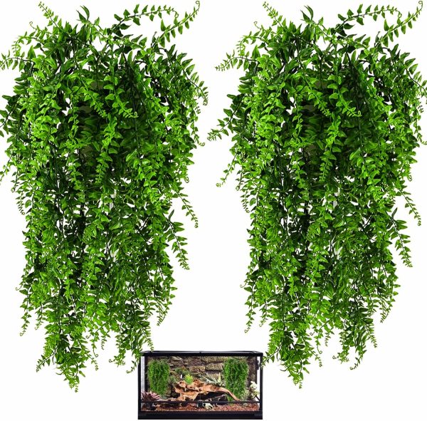 HERCOCCI 2 Pack Reptile Plants, Terrarium Hanging Plants Vines Artificial Leaves Habitat Decorations with Suction Cup for Bearded Dragon Hermit Crab Lizard Snake Geckos Chameleon