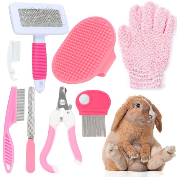 VCZONE Pink Small Animal Grooming Kit with Nail Clipper, Flea Comb, Shampoo Brush, Slicker Brush, Massage Glove for Rabbits