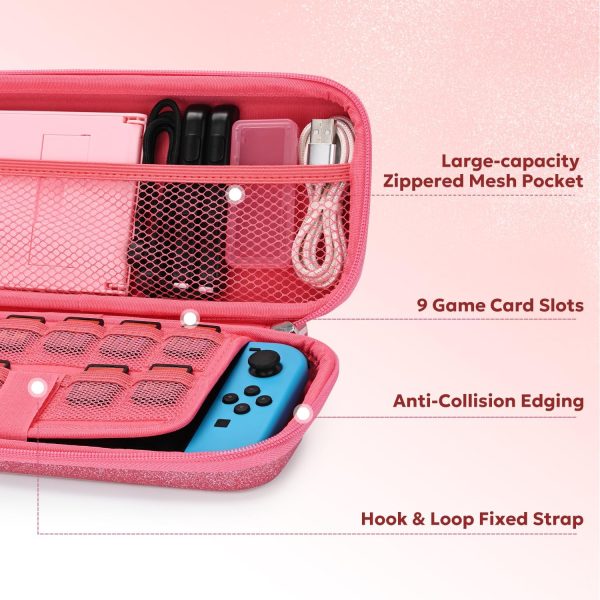 innoAura Switch Case for NS Switch, 17 in 1 Switch Accessories Bundles with Switch Carrying Case, Switch Protective Case, Switch Game Case, Switch Screen Protector, Switch Thumb Caps (Sequins Pink) - Image 3