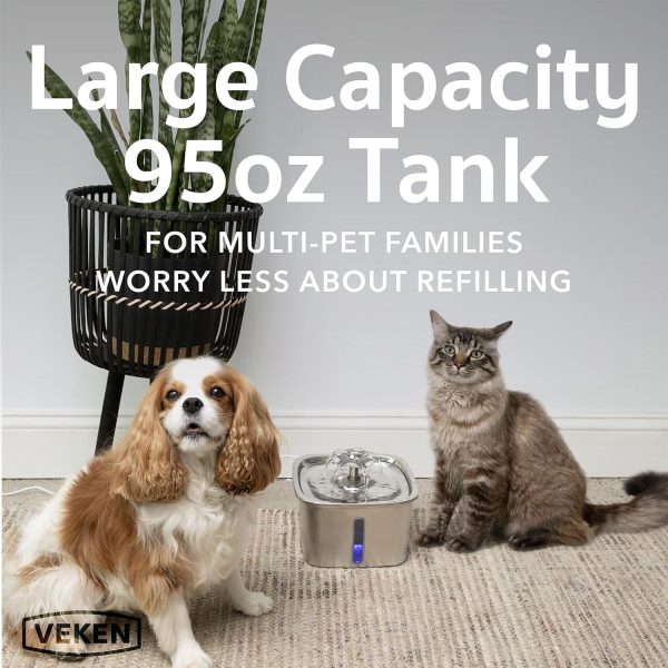 Veken Innovation Award Winner Stainless Steel Cat Water Fountain, 95oz/2.8L Automatic Pet Fountain Dog Water Dispenser with Replacement Filters & Silicone Mat for Cats, Dogs, Multiple Pets (Silver) - Image 3