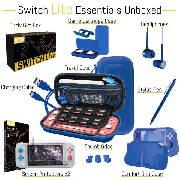 Orzly Switch Lite Accessories Bundle - Case & Screen Protector for Nintendo Switch Lite Console, USB Cable, Games Holder, Comfort Grip Case, Headphones, Thumb-Grip Pack & More (New Blue) - Image 4