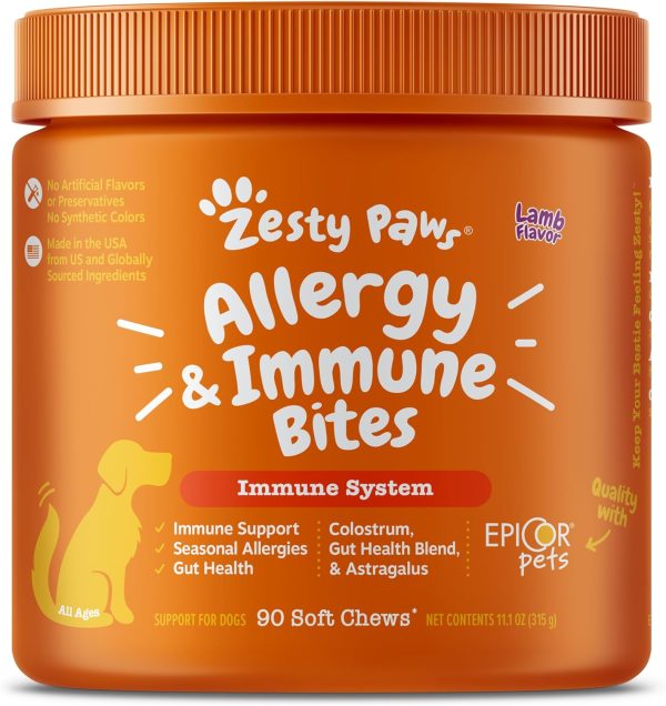 Zesty Paws Dog Allergy Relief - Dog Itching Skin Relief - Dog Probiotics for Itchy Skin and Itchy Ears - Dog Allergy Chews - Dog Itch Relief - Dog Skin Allergy Relief - Lamb - 90ct