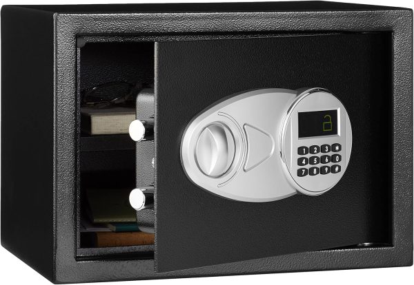 Amazon Basics Steel Security Safe and Lock Box with Electronic Keypad - Secure Cash, Jewelry, ID Documents, 0.5 Cubic Feet, Black, 13.8" W x 9.8" D x 9.8" H