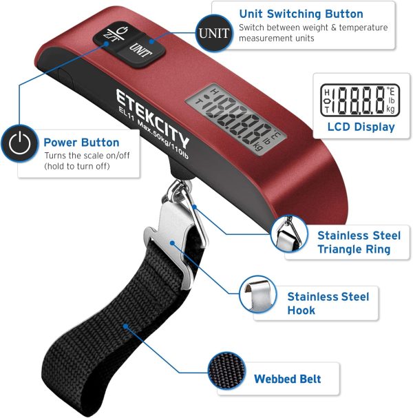 Etekcity Luggage Scale for Travel Essentials, Digital Suitcase Weight Scale with Hook, Portable Hanging Baggage Scale for Airplane Travel Essentials, 110 Pounds, Battery Included - Image 6