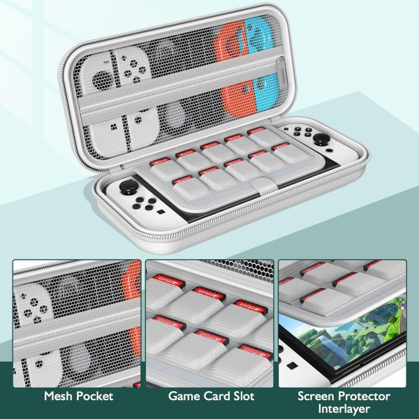 HSTOP Switch Carrying Case Compatible with Nintendo Switch/Switch OLED, Portable Travel Carry Case for Switch Console & Accessories with 10 Games Cartridges, White - Image 2