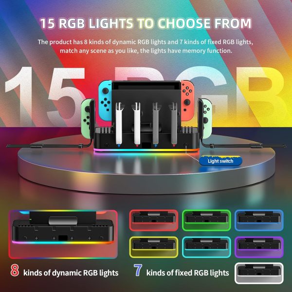 RGB Switch Wall Mount for Joy-Con Charger, Switch Holder for Nintendo Switch / OLED with Switch Organizer, Switch Accessories with 15 Light Mode, 4 Controller Charger, 2 USB Port, 10 Card Slot - Image 3