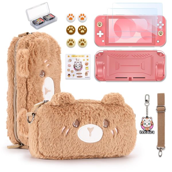 innoAura Switch Lite Case, 14 in 1 Switch Lite Accessories Bundle with Cute Switch Lite Carrying Case, Switch Lite Screen Protector, Switch Game Case, Switch Thumb Caps (Brown Bear)