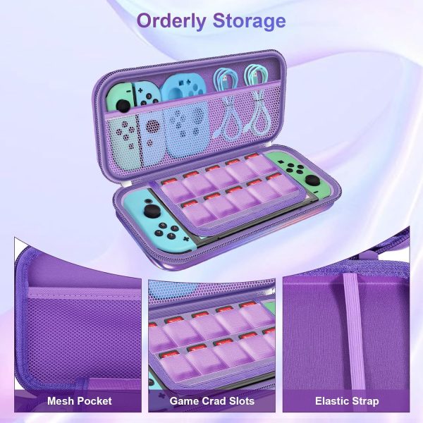 belle&birdie Nintendo Switch Accessories-Hard Protective Carry Case for Switch OLED witch 10 Game Card Slot,Soft TPU Cover, Screen Protector,Adjustable Strap,Thumb Grip Caps (Laser Purple) - Image 5