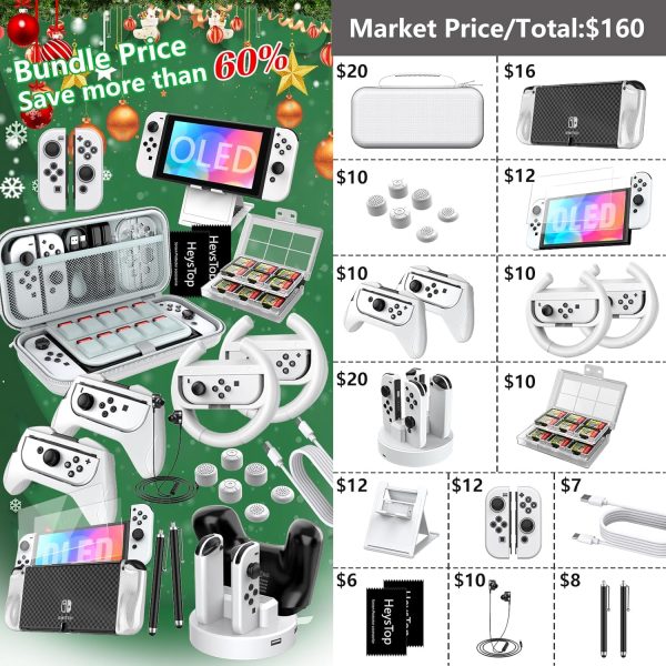 HSTOP Switch OLED Accessories Bundle 27 in 1 for Nintendo Switch OLED, Upgraded 2024 OLED Accessories Kit with OLED Protective Case, Carrying Case, OLED Screen Protector & More, White - Image 2