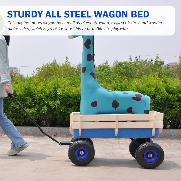 Heavy Duty Steel Wooden Side Support Cargo Wagon with 10” All-Terrain Air Tires, Up to 176lb Haul Capacity, Effortless Foldable Handle Cart for Towing Kids Toys, Gardening Supplies (Blue) - Image 2