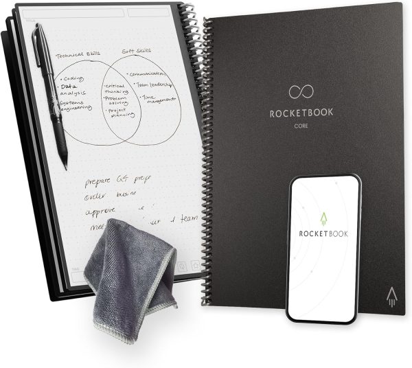 Rocketbook Core Reusable Spiral Notebook, Letter Size 8.5x11, Black - Dotted Pages, App-Connected, Erasable, Durable Cover, Ideal for School, Work, and Creative Projects