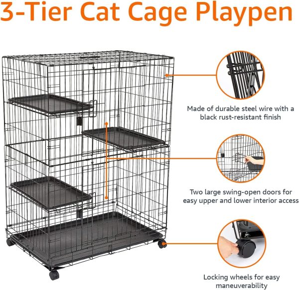 Amazon Basics Large 3-Tier Cat Durable,Pliable Cage Playpen Box Crate Kennel - 35.8"L x 22.4"W x 50.6"H, Black - Image 3