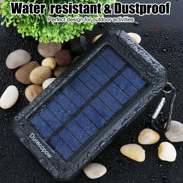 Solar Charger, 20000mAh Portable Outdoor Waterproof Solar Power Bank, Camping External Backup Battery Pack Dual 5V USB Ports Output, 2 Led Light Flashlight with Compass (Black) - Image 6