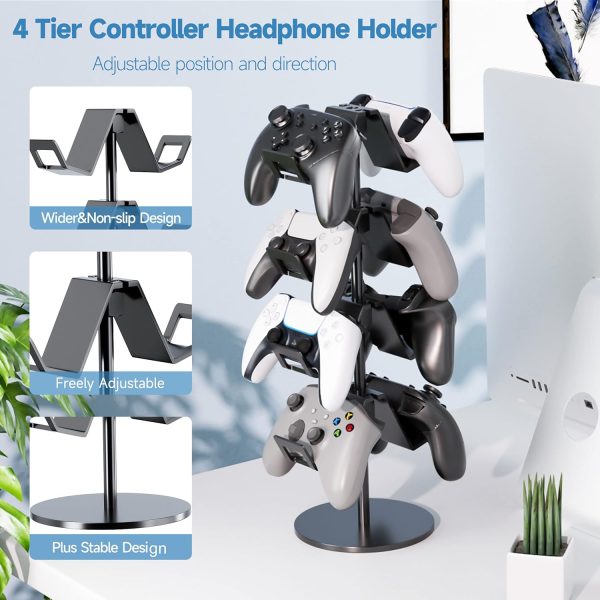 Controller Holder 4 Tier,Headphone Stand - Adjustable Controller Stand for Xbox PS5 PS4 Switch Pro - Gaming Controller Headset Holder for Universal Gaming Accessories,Desk/Floor(Black) - Image 2