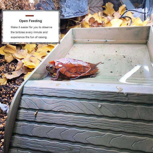 kathson Reptile Tortoise Turtle Feeding Dish with Ramp and Basking Platform Plastic Turtle Food and Water Bowl Also Fit for Bath Horned Frogs Lizards Amphibians (Brown, Emulational Wood) - Image 5