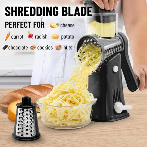 Zulay Rotary Cheese Grater 5 Blade Cheese Shredder - Manual Hand Crank Cheese Grater With Reinforced Suction & 5 Interchangeable Drums - Easy to Use, Vegetable Chopper Round Mandoline Slicer - Black - Image 3