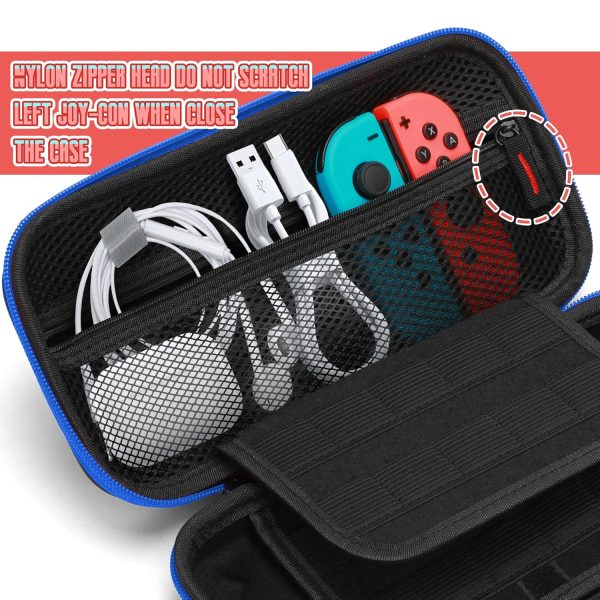 Carry Case Compatible with Nintendo Switch Switch OLED Console Protective Portable Travel Carrying Case Pouch with Pockets 20 Game Cartridges for Console and Accessories (Black/Blue) - Image 5