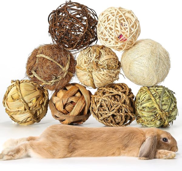 Small Animals Play Balls, Chew Grass Balls & Rolling Chew Toys for Bunny, Improve Pets Dental Health for Rabbit, Chinchilla, Guinea Pigs, Hamsters, Gerbils, Rats, Mice （9 Pieces）