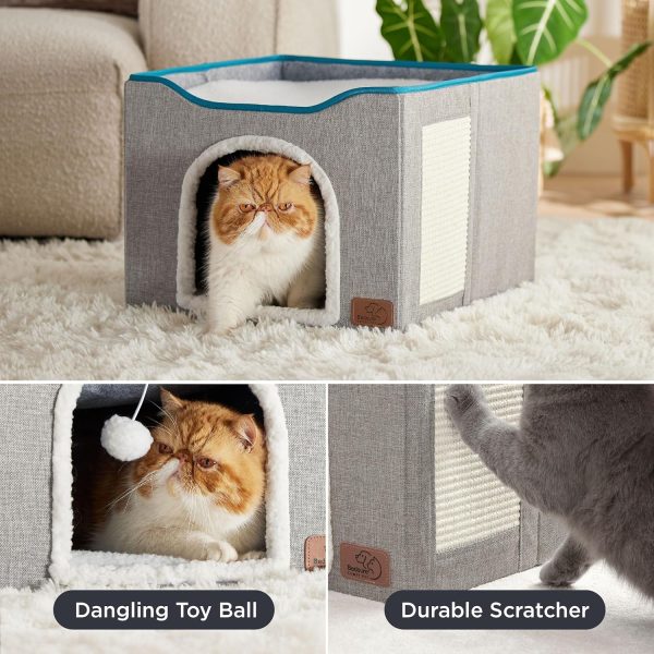 Bedsure Cat Beds for Indoor Cats - Large Cat Cave for Pet Cat House with Fluffy Ball Hanging and Scratch Pad, Foldable Cat Hideaway,16.5x16.5x13 inches, Grey - Image 4