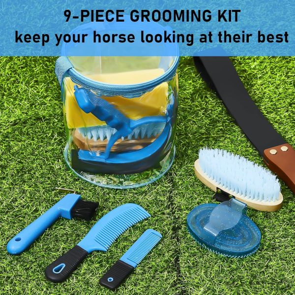 9 Pieces Horse Grooming Kit Tack Room Supplies Set with Organizer Tote Bag, Oval Massage Curry, Hard and Soft Brush, Hoof Pick, Sweat Scraper, Bathing Sponge, Combs for Horse Riders Beginners (Blue) - Image 5