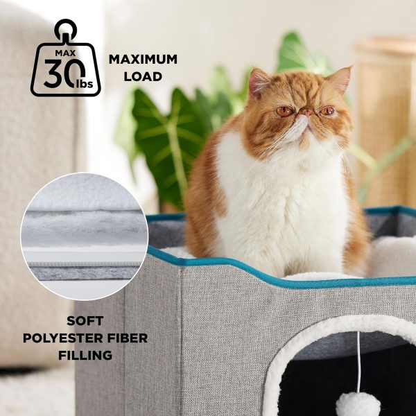 Bedsure Cat Beds for Indoor Cats - Large Cat Cave for Pet Cat House with Fluffy Ball Hanging and Scratch Pad, Foldable Cat Hideaway,16.5x16.5x13 inches, Grey - Image 2