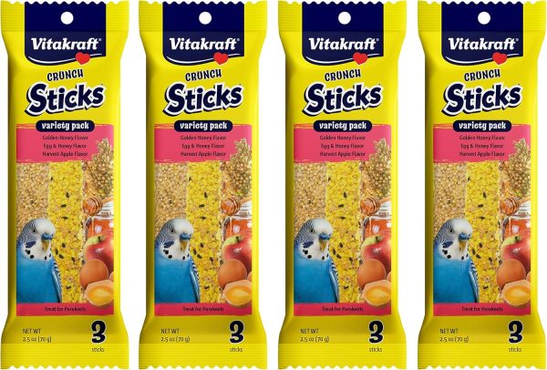 Vitakraft Crunch Sticks Parakeet Treat - Honey, Egg, and Apple- Pet Bird Treat Toy - Multi Variety Pack of 12 Sticks…