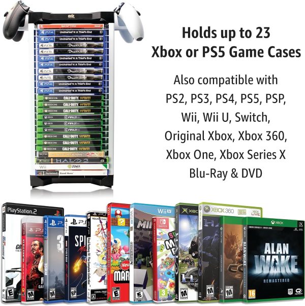 ADZ Universal Game Holder – 23 Game Storage Tower Rack for PS2 PS3 PS4 PS5 PSP Xbox 360 Xbox One Series X Wii Switch Games DVD and Blu-Ray Disks. Includes 2 Controller Mounts - Image 3