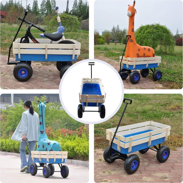 Heavy Duty Steel Wooden Side Support Cargo Wagon with 10” All-Terrain Air Tires, Up to 176lb Haul Capacity, Effortless Foldable Handle Cart for Towing Kids Toys, Gardening Supplies (Blue) - Image 5