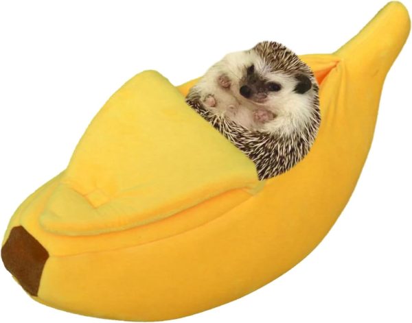 Small Animal Bed Warm Cozy Banana Cave Hideout Sleep Nest House Habitat for Hedgehog Hamster Rat Chinchilla Guinea Pig Ferret Chinchilla Cage Accessories Pet Supplies (Small, Yellow)