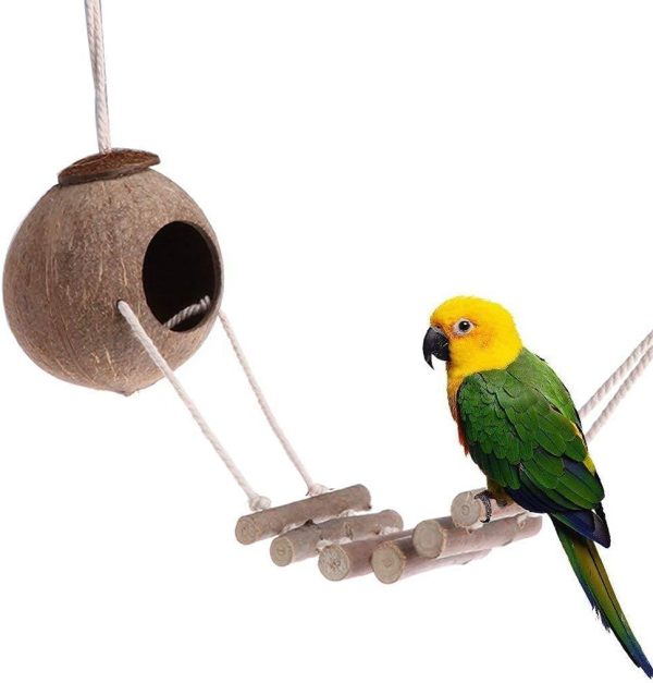 9 Pieces Parrots Chewing Natural Wood and Rope Bungee Bird Toy for Anchovies, Coconut Hideaway with Ladder,Bird Perch Stand, Bird Cage Accessories, Parakeets, Cockatiel, Conure, Mynah, Macow - Image 2