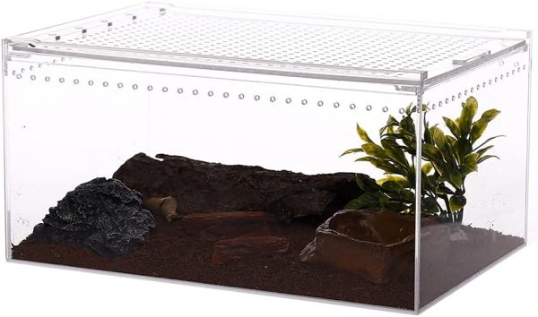 NANEEZOO Magnetic Acrylic Large Enclosure 2.5 Gallon, 12 x 8 x 6 Inch Reptile Breeding Box Terrarium Cage for Insect Tarantulas Amphibians Caterpillars Snail Clear Acrylic Reptile Feeding Box