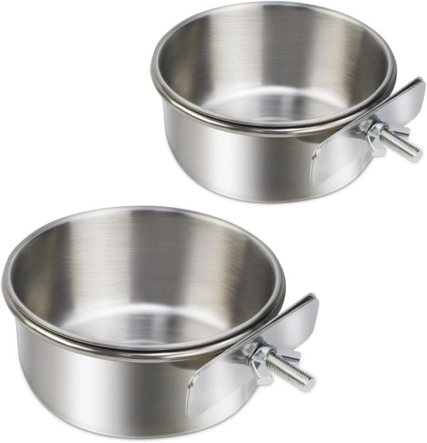 2 Pack Stainless Steel Bird Bowls for Cage Parrot Food Water Bowl Bird Feeding Dish Cups Parrot Food Water Feeder Pet Hanging Bowl Crate Coop Cups with Clamp Holder for Small Animal Dog Parakeet