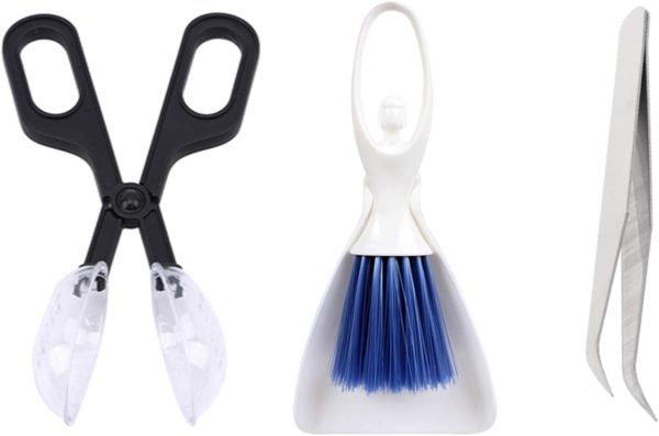 Tiny Cleanning Broom, Scooper Feeding Tool,Mini Dustpan and Brush, Stainless Steel Tweezer for Reptile and Other Small Animals Supplies House Bedding 3Pcs