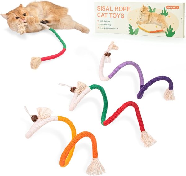 Sisal Rope Cat Toys,3 Pack Bite-Resistant Catnip Toys,Cat Toys for Bored Indoor Cats, Safe Teeth Cleaning Chew Cat Toy,Interactive Cat Kicke Toys for Indoor Cats for 24" All Breeds