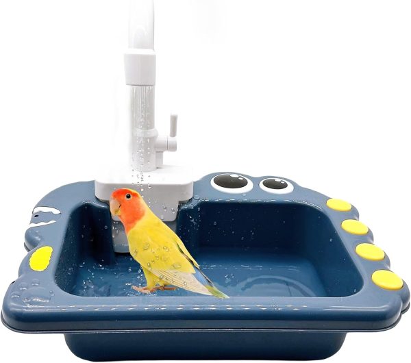 kathson Parrot Bathtub Bird Automatic Bathtub with Faucet Multifunctional Parakeet Shower Box Bird Bathing Tub Pool Toy with Fountain for Small Medium Birds Cockatiel Lovebird Budgie,Navy