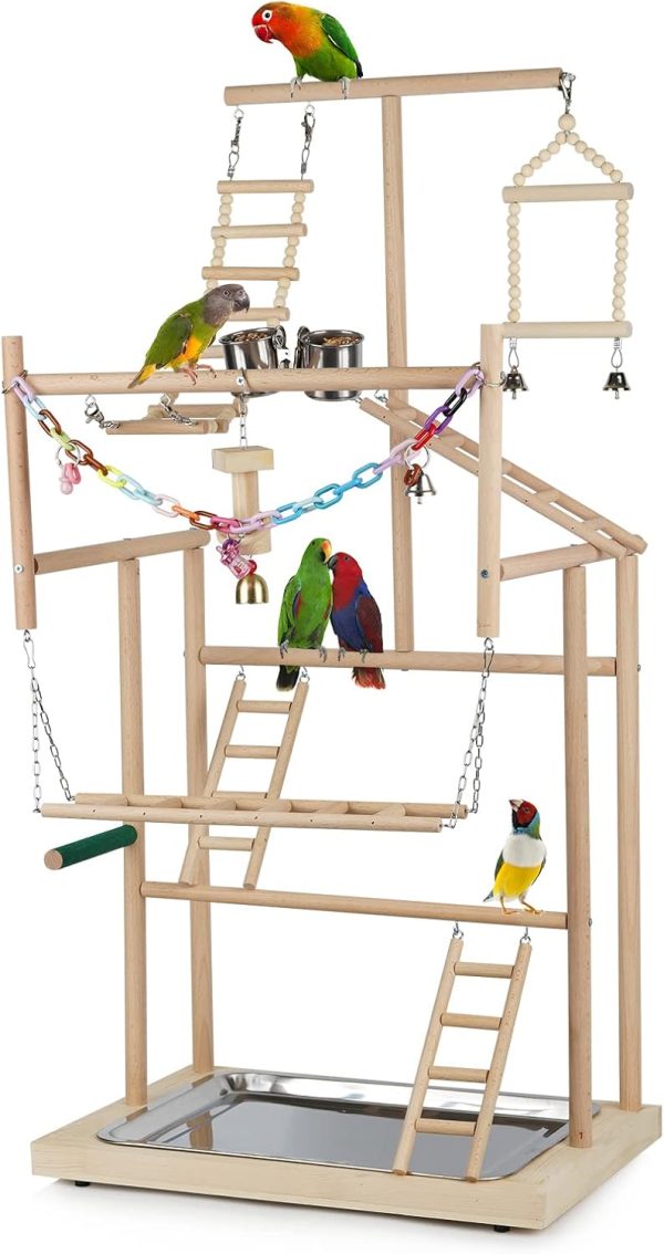 Pet Parrot Playstand Parrots Bird Playground Bird Play Stand Wood Perch Gym Playpen Ladder with Feeder Cups Bells for Cockatiel Parakeet (4 Layers)