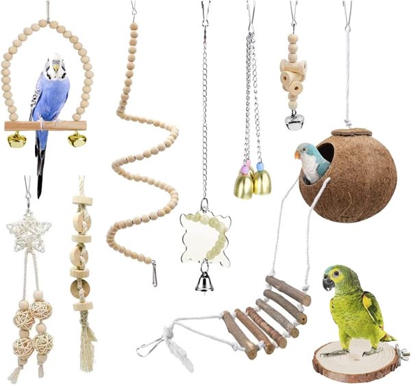 9 Pieces Parrots Chewing Natural Wood and Rope Bungee Bird Toy for Anchovies, Coconut Hideaway with Ladder,Bird Perch Stand, Bird Cage Accessories, Parakeets, Cockatiel, Conure, Mynah, Macow - Image 7